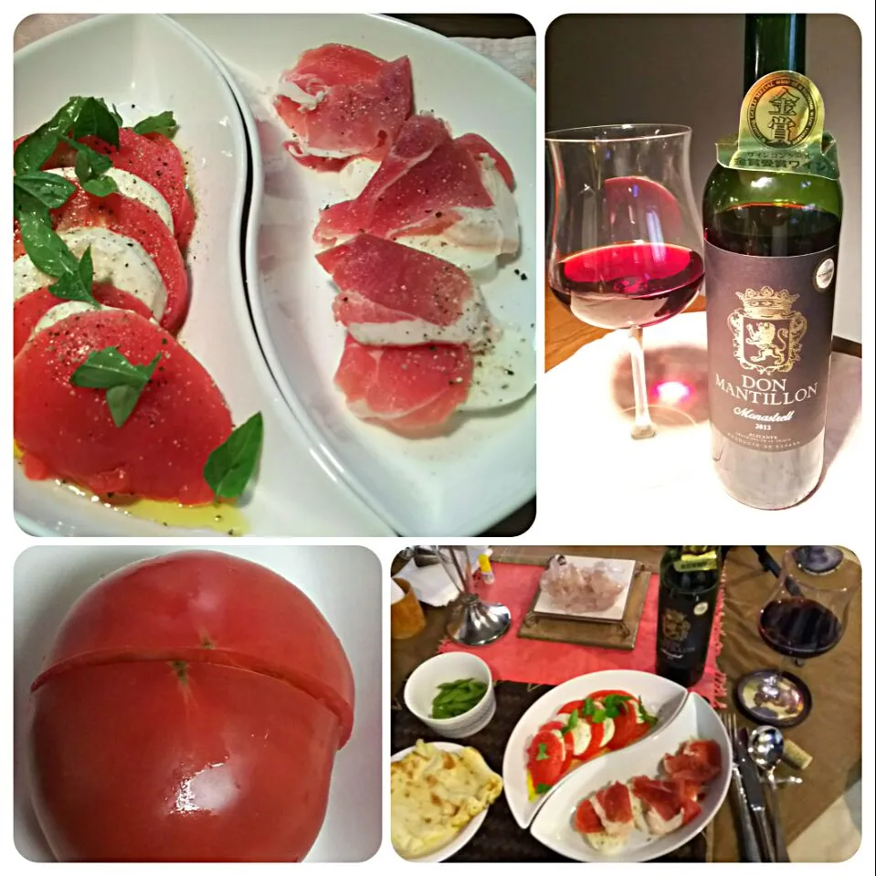 Prosciutto e mozzarella e caprese con vino spagnolo～🎵
山形県旅行で買った巨大トマト半分を使ってカプレーゼ（伊語を直訳すると、カプリの、カプリ風の）と生ハムとモッツァレラの２品の前菜～🎵|quitaさん