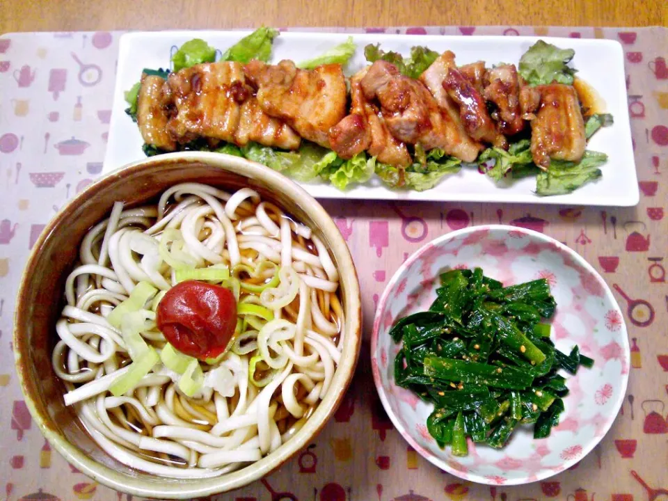 ７月１５日 豚バラの照り焼き ネギ梅うどん ニラのゴママヨ和え|いもこ。さん