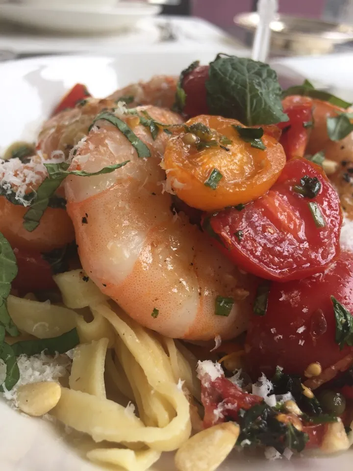 Cold Tomato Sauce with Grilled Spicy Shrimp over Fettuccine|Christine pavelkaさん