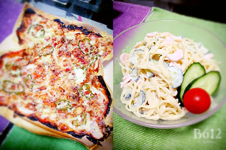 Snapdishの料理写真:春巻きの皮でピザ、パスタサラダ|のぞみさん