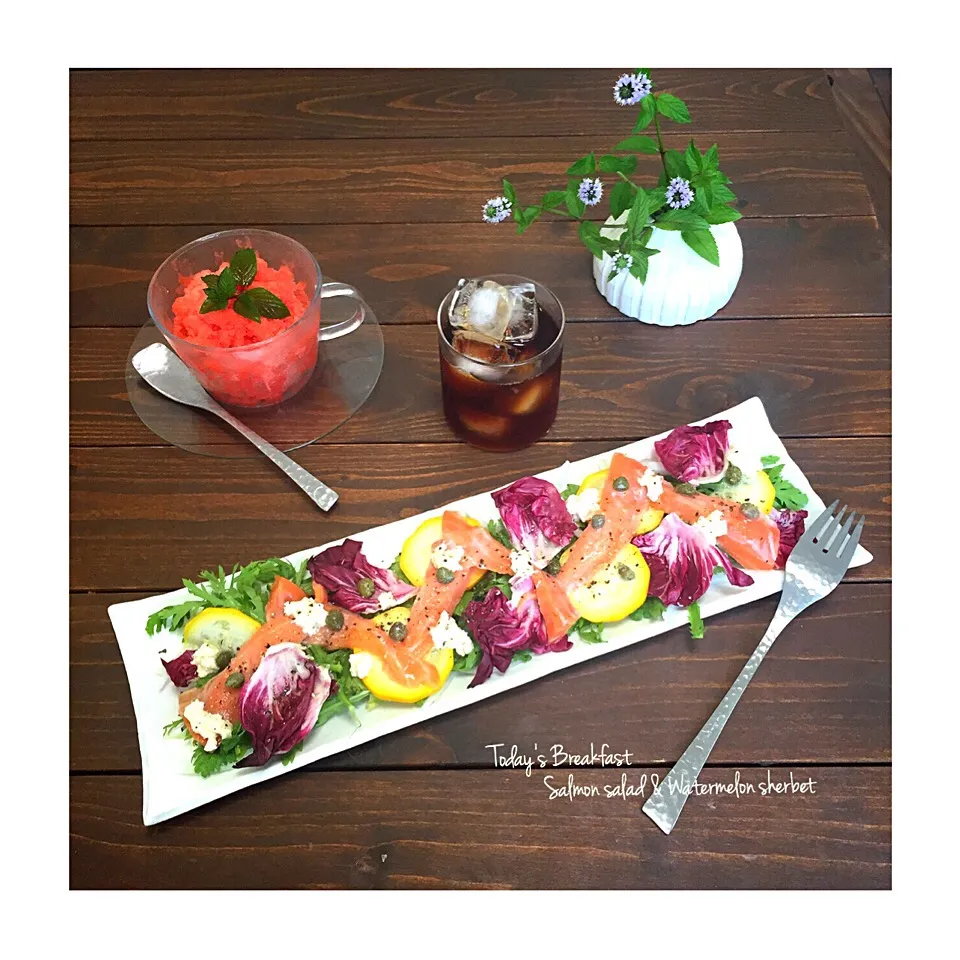 Snapdishの料理写真:Today’s Breakfast ~ Salmon salad & Watermelon sherbet 🍉💐🌿~|welcomeizumiさん