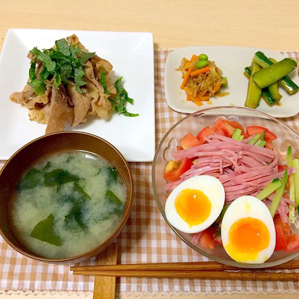 豚肉のごまぽん炒め、切干、たたききゅうり、冷やし中華、お味噌汁|りょうさん