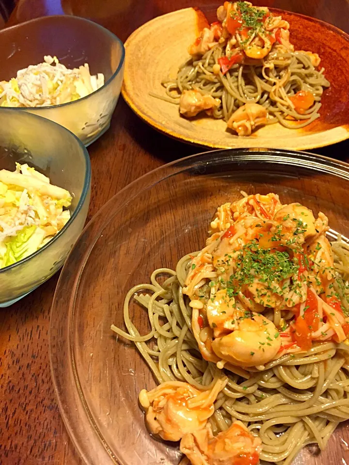 バジル麺で冷製和風トマトパスタ&白菜としらすのサラダ❀.(*´◡`*)❀.|さくたえさん