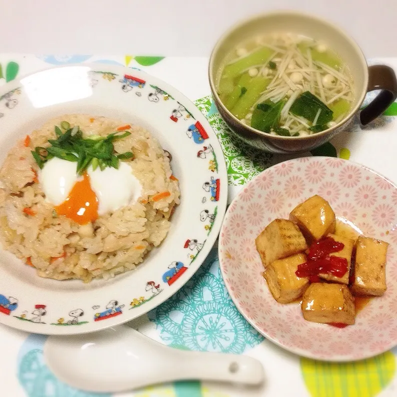 中華おこわ風まぜごはん・えのきと小松菜の中華スープ・焼き豆腐の照り煮|美也子さん