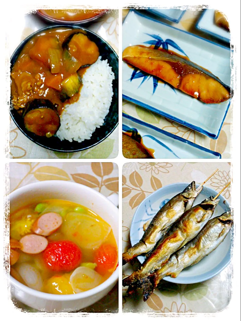 Snapdishの料理写真:夏野菜カレー♪ぶり照り焼き♪鮎塩焼き♪野菜スープ♪|ユミさん