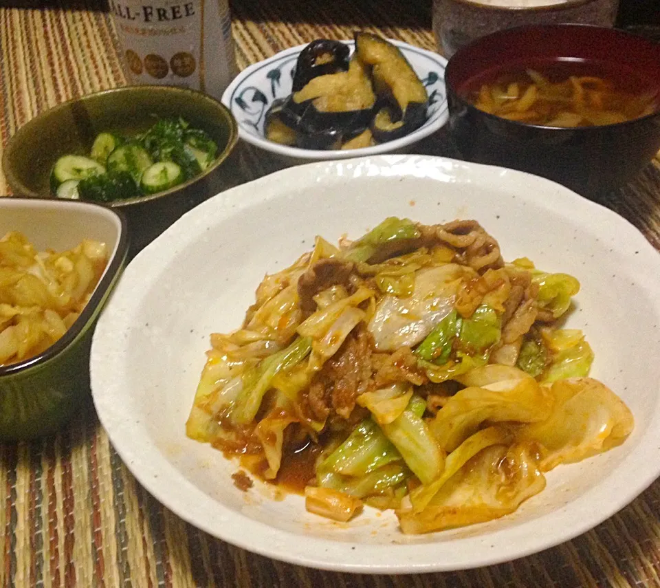 晩ごはん  回鍋肉 辛しなす きゅうりのポン酢の物 ザワークラウト しめじスープ|ぽんたさん