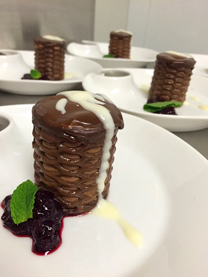 Snapdishの料理写真:Chocolate Mousse Tower w/ White Choco Sauce and cherry compote|Milka Papricaさん