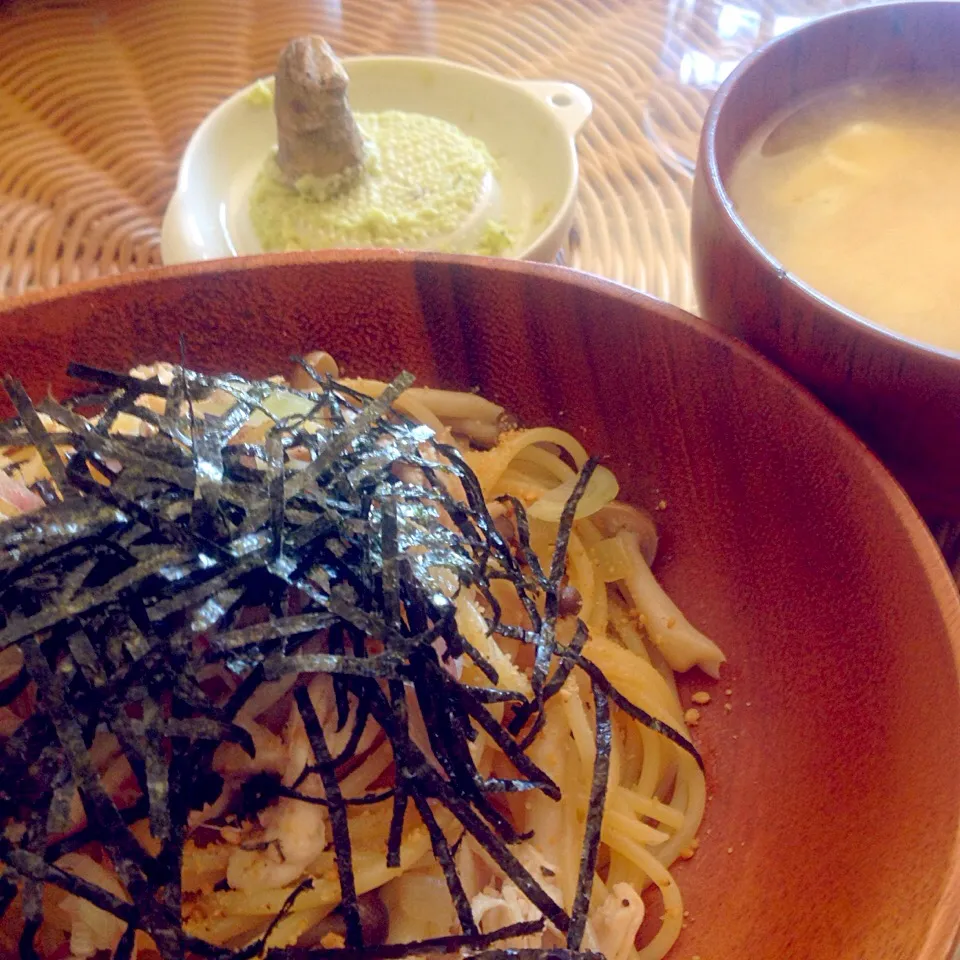 ササミとキノコのワサビ醤油パスタ♪|なーまりさん