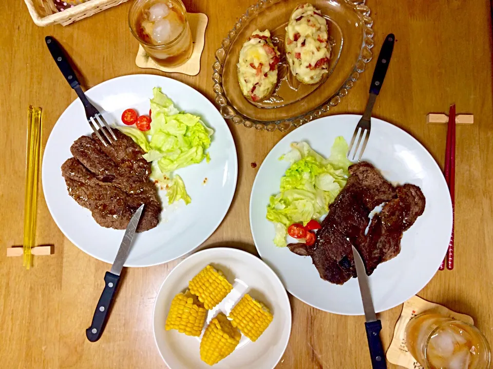 Pork chop , sweet corn and bacon and cheese baked potato 🙏Itadakimasu|Babyluv Cabrera Ocampoさん