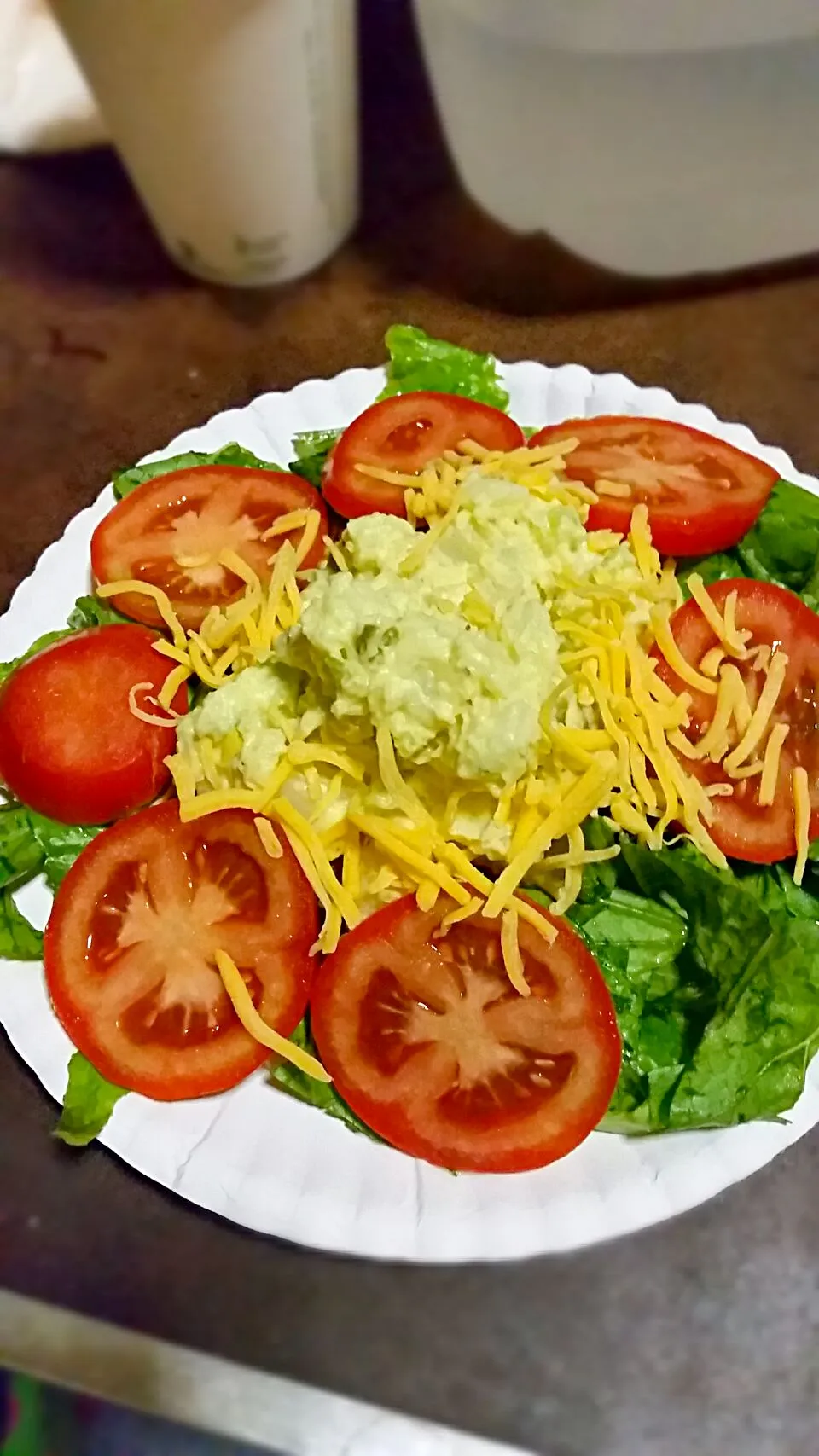 Snapdishの料理写真:Green romaine lettuce Salad #tomatoes . Topped with potato salad and sharp cheddar cheese|mataji armourさん