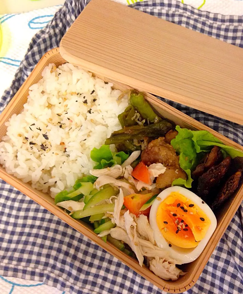 今日のお弁当。ささみとキュウリのゴマだれ風味、鯵の味醂干し、シシトウのカリカリジャコまぶし、若鶏のガーリック焼。|Junさん