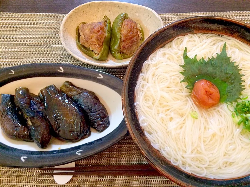 リクエストのにゅうめん   ナスの田舎煮   ピーマンの肉詰め|NAKATAさん