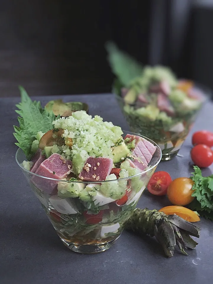 Tuna/avocado/tofu/shiso wasabi cucumber granita/wafu dressing|rick chanさん