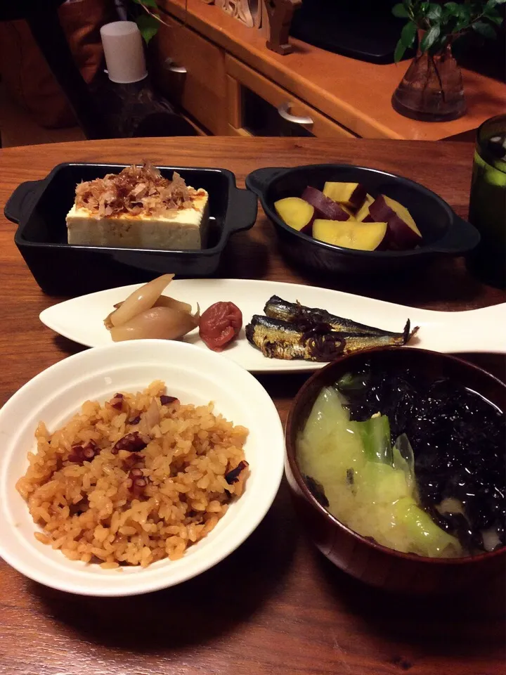 残りモノ たこめし、キャベツと海苔のお味噌汁、さつまいものレモン煮、冷奴 2015.7.23|キラ姫さん