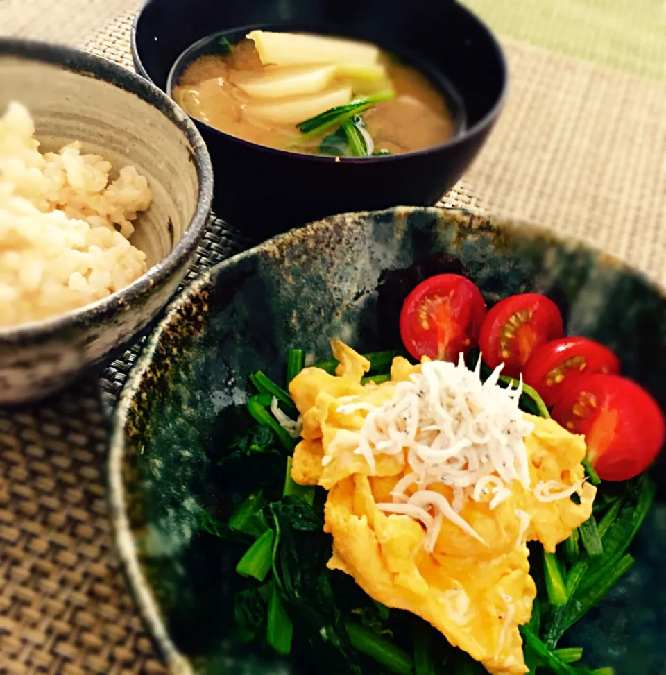 久々にお米🍚の朝食  小松菜と卵の炒めと小蕪のお味噌汁|Cedro🍋さん