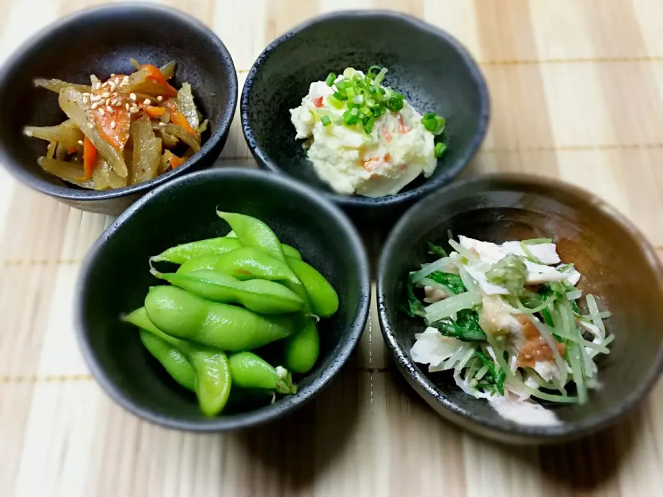 付き出し
枝豆
ささみと水菜の梅わさび和え
ポテトサラダ
きんぴらゴボウ|榎津礼子さん