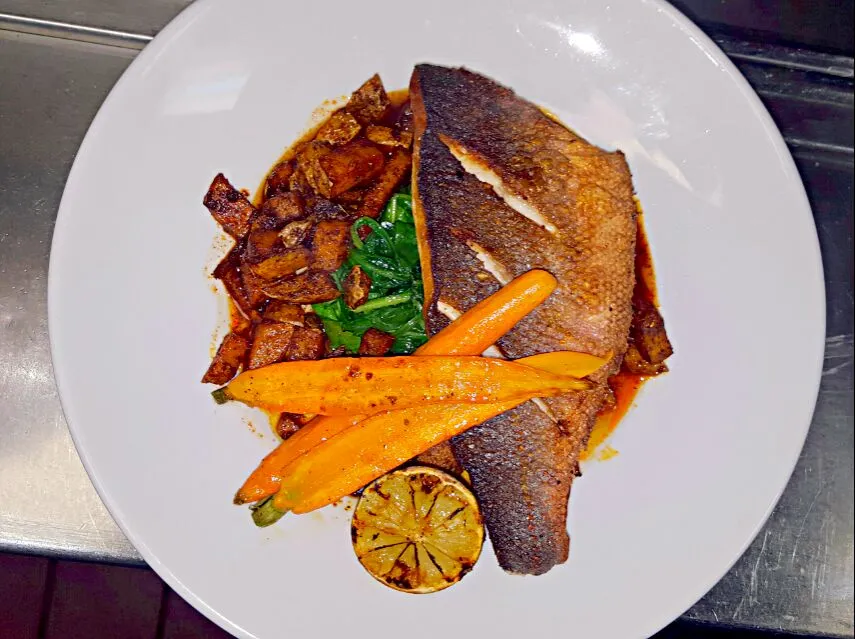 Pan Roasted Baramundi,wilted spinach and paprika golden potatoes. ..|chef Charlesさん