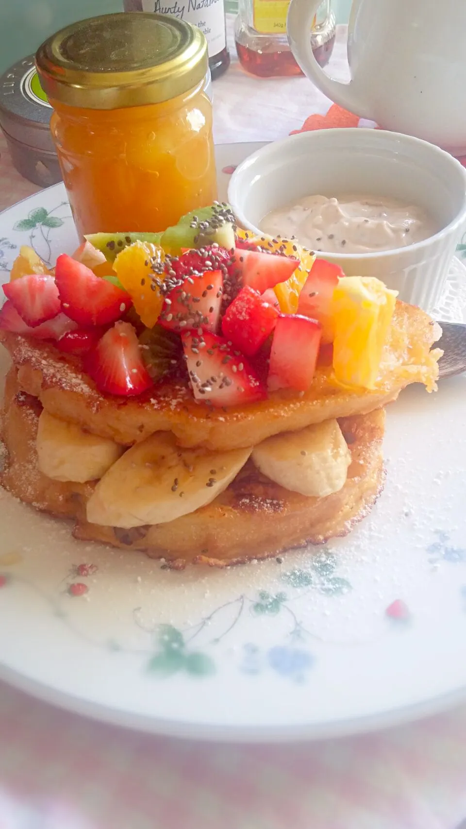 Snapdishの料理写真:Bread Sourdough Kalamata Olive French toast with seasonal fruits n chia seed. Home made organic Kinkan-orange and apple jam @home #Organic  #Healthy  #Breakfast|noriko takiyama のりねぇですさん