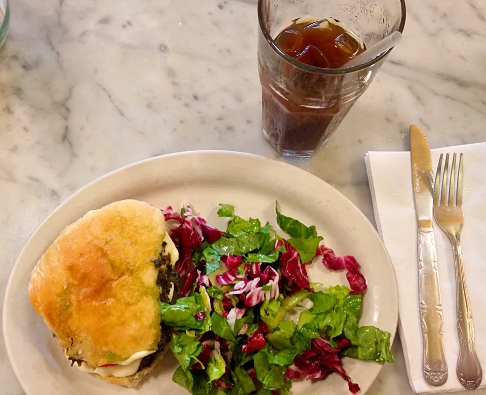 Snapdishの料理写真:tomato mozarella sandwich with basil pesto on ciabatta, salad, and iced coffee|eliseさん