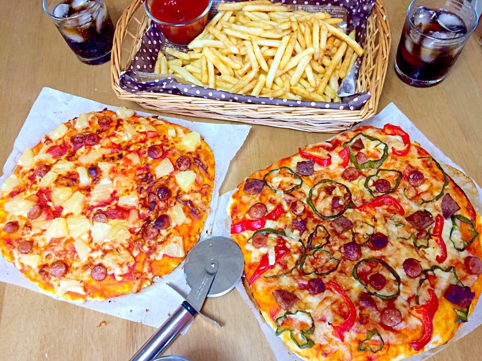 Snapdishの料理写真:Food trip pizza and potato fries with coke weeee unhealthy food sometimes with kiddos while watching Walt Disney movies|Babyluv Cabrera Ocampoさん