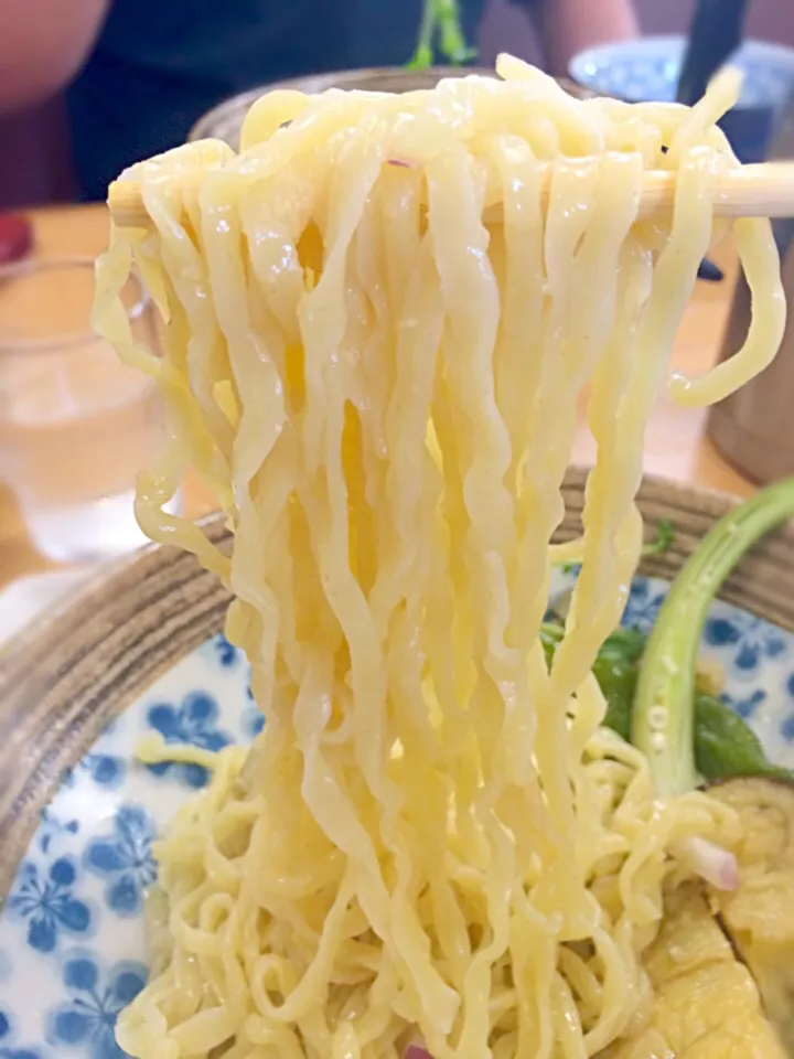 Snapdishの料理写真:まんじゅう茄子のせ冷製和え麺with冷たい和風ビシソワーズの麺はぴろぴろ〜*\(^o^)/*|morimi32さん