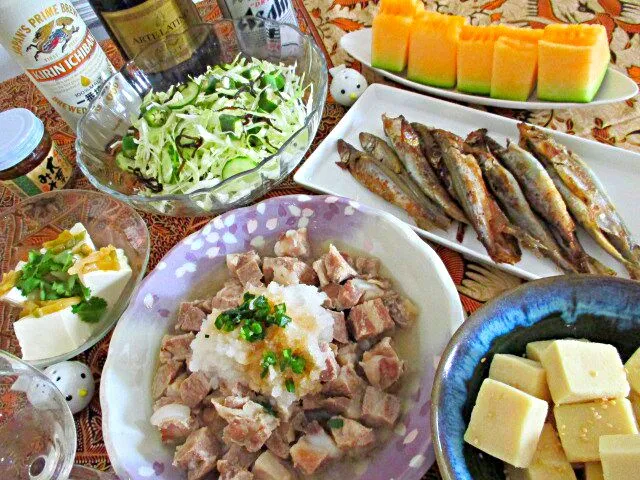 夏のさっぱり煮込み! 塩麹で豚の角煮おろしポン酢🍃冷し高野豆腐、ししゃもニンニク焼き、パクチザーサイ奴っこ(トドメは炊き込みご飯とお味噌汁)|ふかرさん