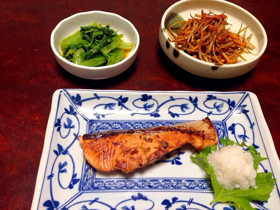 鮭の照り焼き、青菜のからし和え、香味きんぴら|りーさん