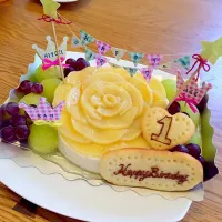 桃ヨーグルトムースケーキ♡１歳誕生日ケーキ|hii♡さん