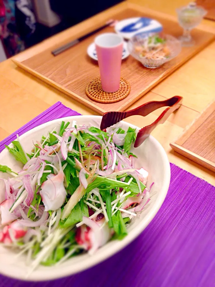 蛸とミョウガと水菜のサラダ胡麻油をかけて|モモさん