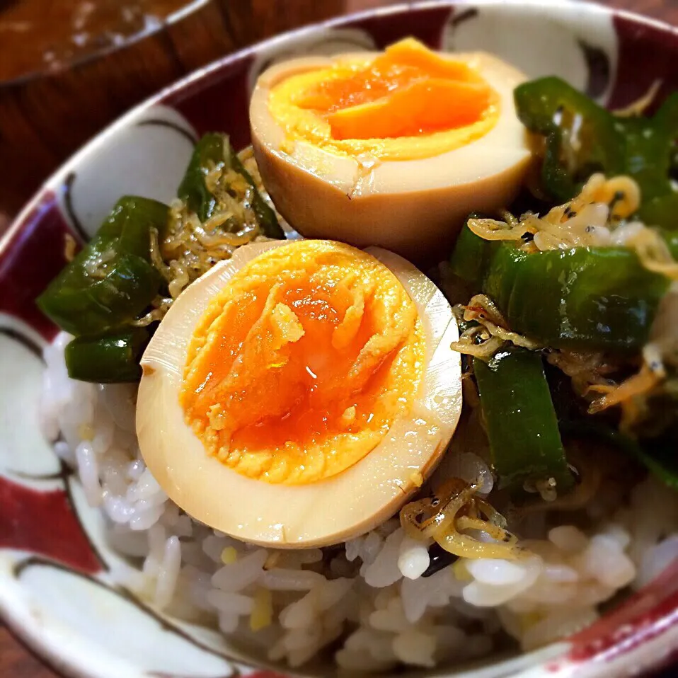 酢醤油たまご、じゃこと青唐辛子のご飯|angiee♡さん