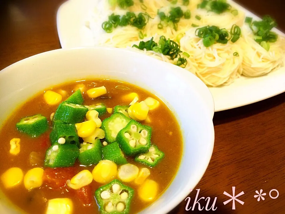 夏野菜のカレーつけ汁素麺♡|いく❤️さん