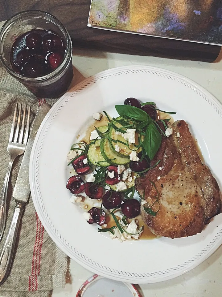 Pork chop with zucchini,pickled cherries and  ricotta cheese|rick chanさん