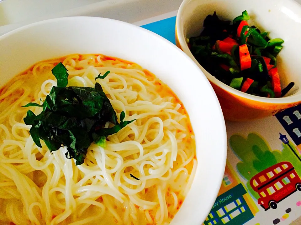 Snapdishの料理写真:冷やし豆乳坦々麺&サラダ|ちょきさん