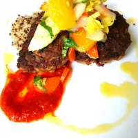 Kefta patties made from organic grass fed beef cooked over an open fire with quinoa,  harissa And a citrus salad. #kefta #quinoa #harissa #medditeranean #Middle|Yury Krasilovskyさん