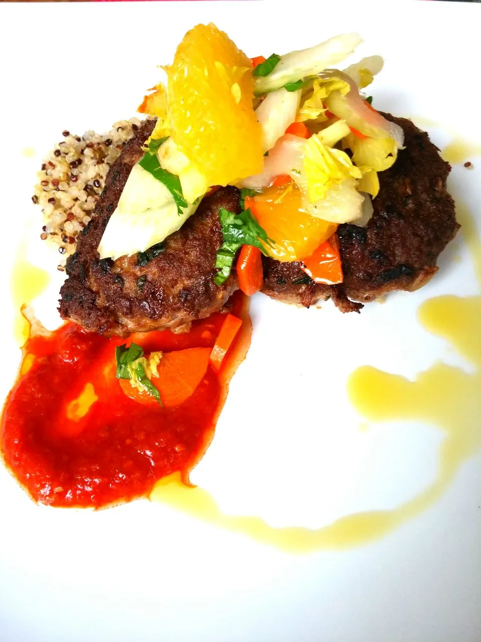 Kefta patties made from organic grass fed beef cooked over an open fire with quinoa,  harissa And a citrus salad. #kefta #quinoa #harissa #medditeranean #Middle|Yury Krasilovskyさん