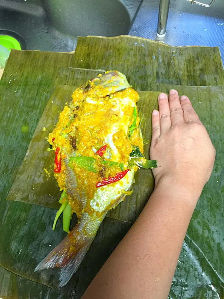 Snapdishの料理写真:Marrinated steam banana leaves red snapper as big as my hand|yeni kartikasariさん