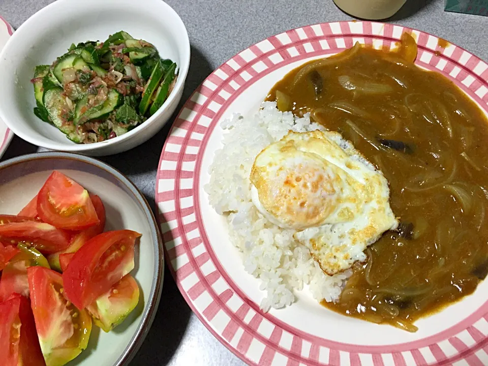 Snapdishの料理写真:シーチキンなす玉ねぎカレー、トマト、梅じそおかかキュウリ、マヨネーズ|ms903さん