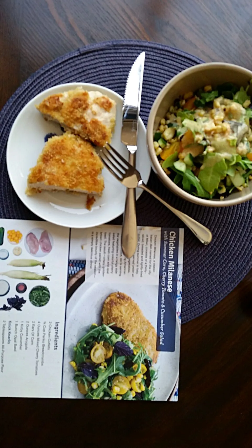 Snapdishの料理写真:Wednesday lunch: blue apron: chicken Milanese with summer corn, cherry tomato and cucumber salad. Doesn't quite look the same, huh?|Molly Glauberさん