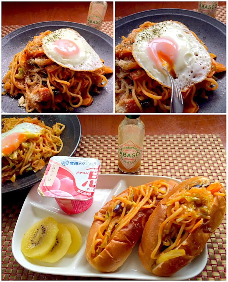 Neapolitan of Chinese noodles dog w/Fried egg😝W炭の罠....中華麺deﾅﾎﾟﾘﾀﾝﾊﾟ〜ﾝ?!目玉焼き添え|🌈Ami🍻さん