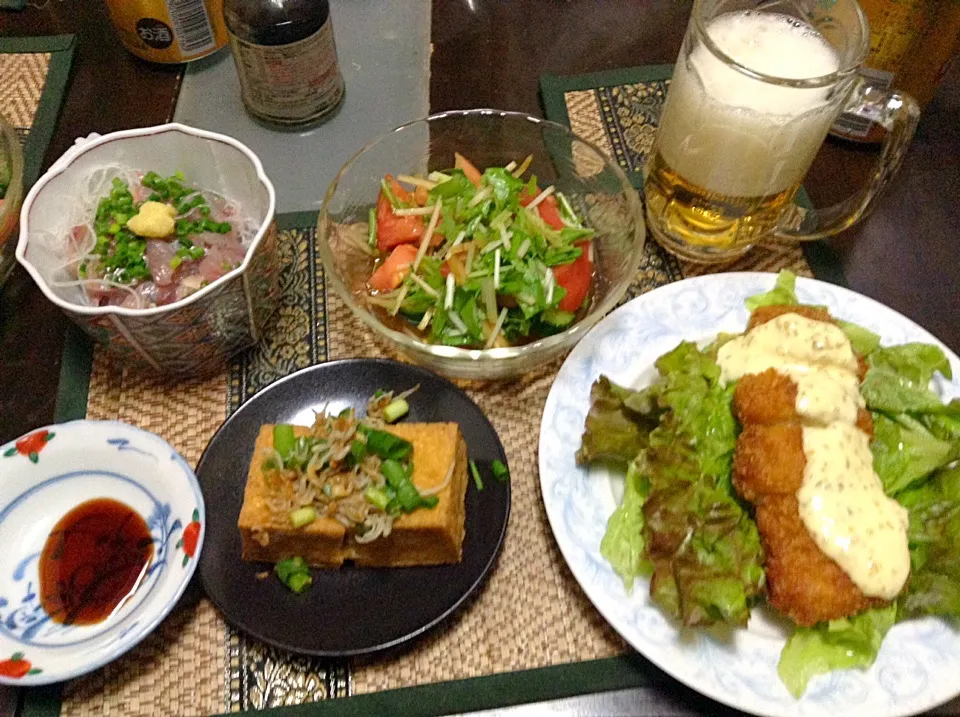 Snapdishの料理写真:鳥のササミフライ＆厚揚げ＆水菜のサラダ＆鯵のたたき|まぐろさん