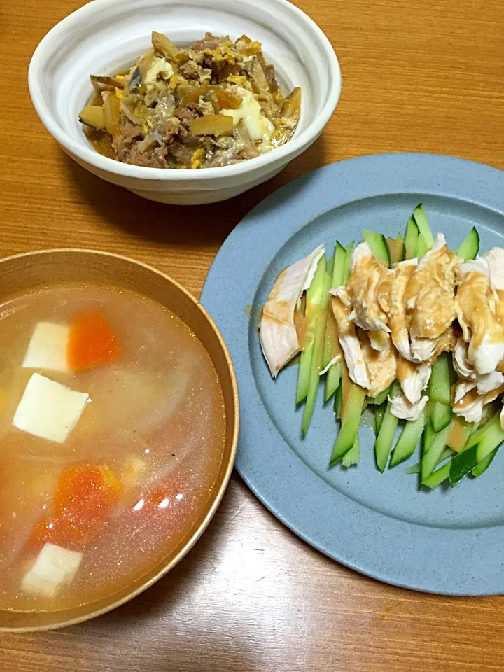 Snapdishの料理写真:棒棒鶏 牛蒡と豚肉の卵とじ ナンプラー風味のスープ|コニーさん