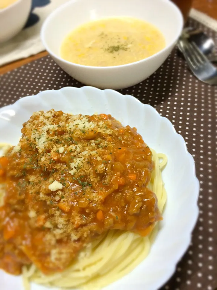 ミートソースパスタ&コーンエッグスープ|つき🌙さん