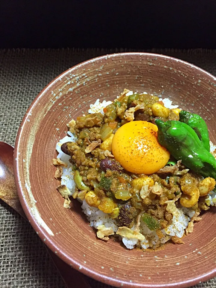 Snapdishの料理写真:ミックスビーンズ入りキーマカレー丼 フライドオニオン乗せ🔥|あいさん