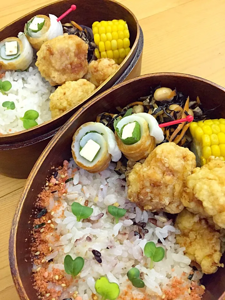 から揚げ弁当                                鳥から揚げ                                  ひじきの煮物                              とうもろこし                                 大葉とチーズのち|ひななぎさん