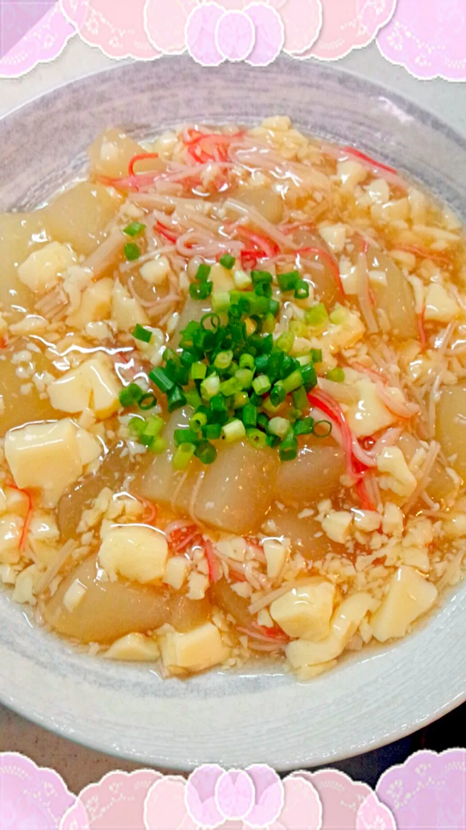 Snapdishの料理写真:Tomoko Itoさんの玉子豆腐とカニカマ使って簡単うまうまあんかけ冬瓜♥を夕顔で～♪|ゆっこさん