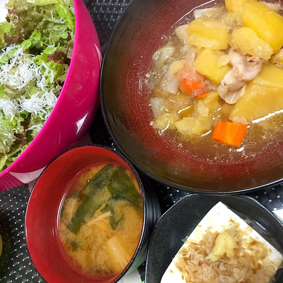 Snapdishの料理写真:肉じゃが☆しらすとレタスのサラダ☆冷奴|MEGUMIさん