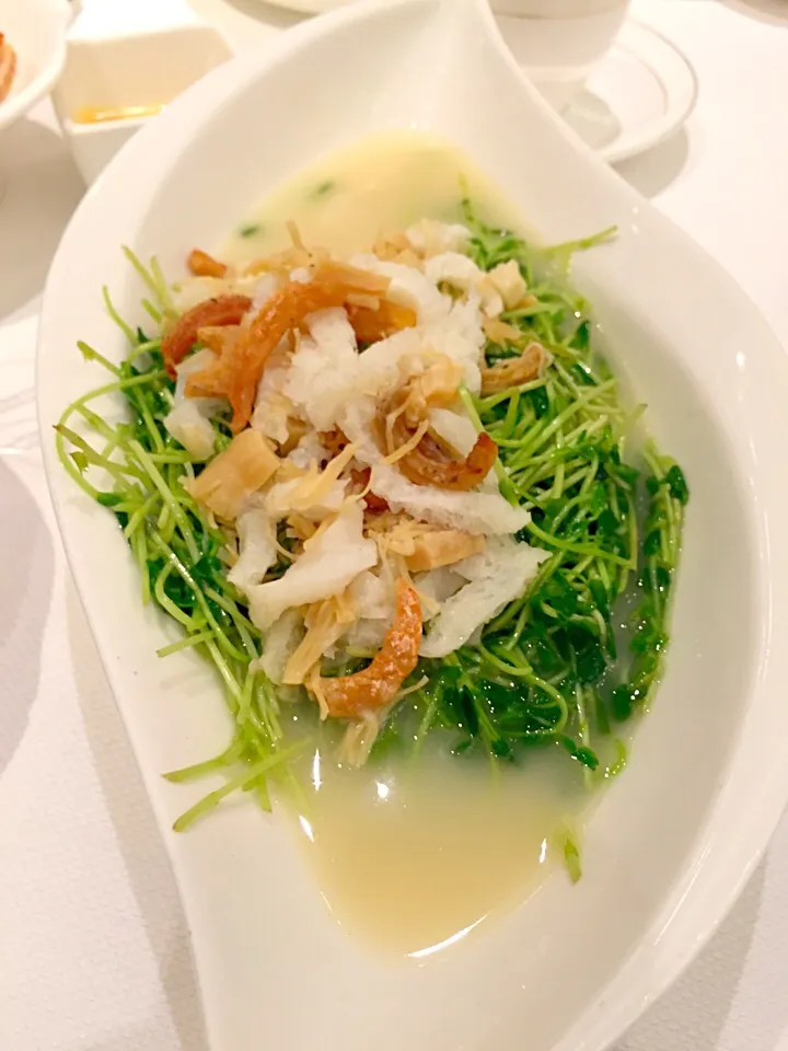 Poached pea sprouts with soup in fisherman style|Sky Blueさん