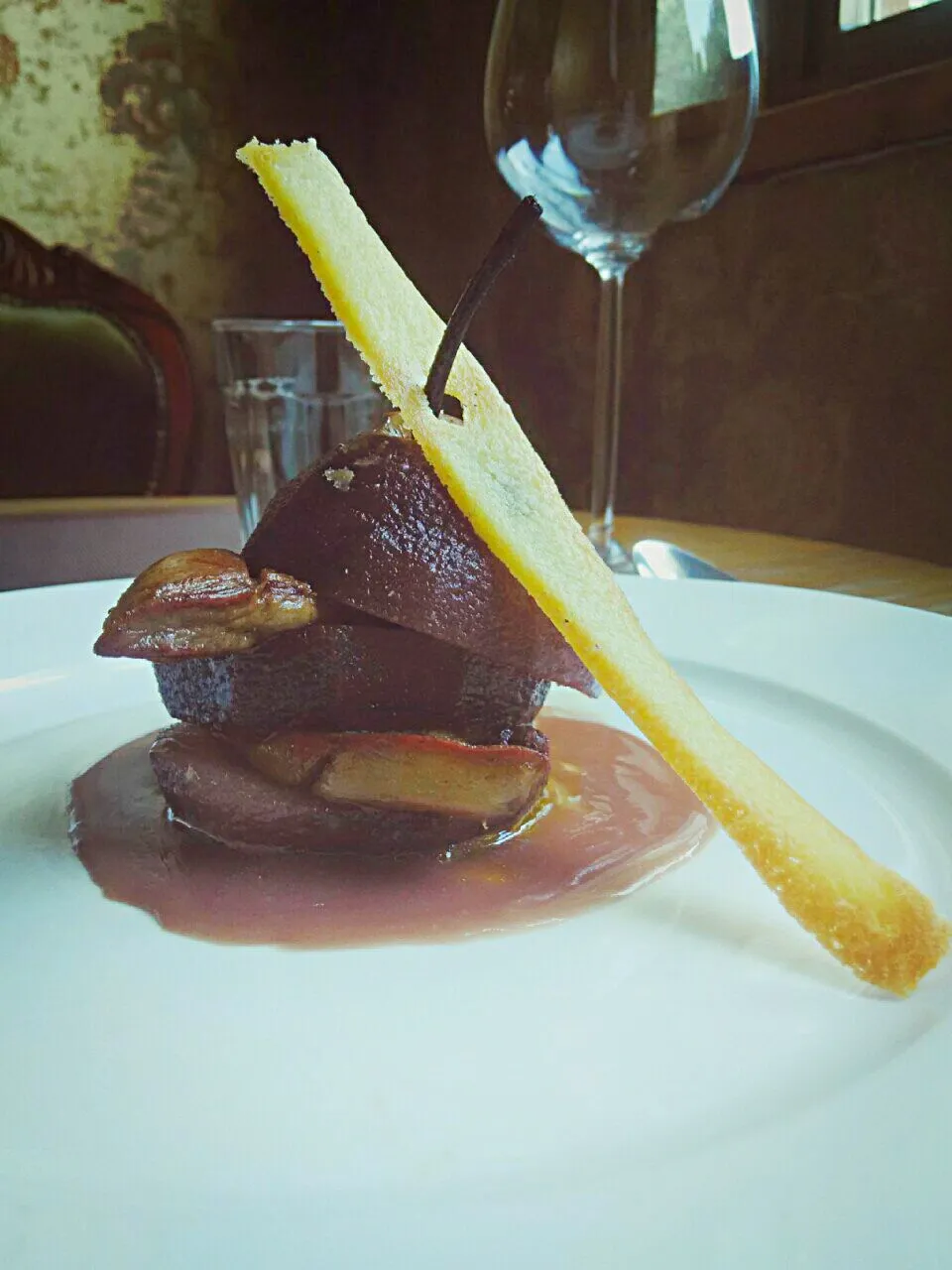 poached red wine pear with pan fried duck liver|alain bernardさん