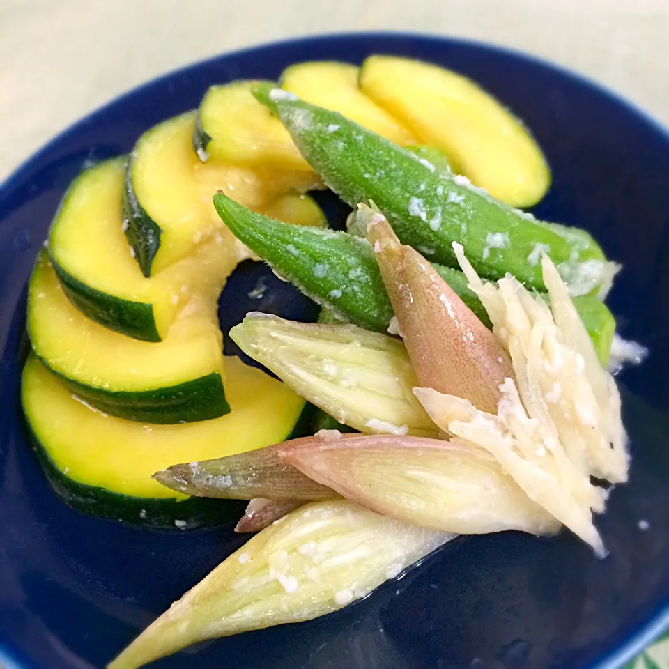 ズッキーニの味噌漬けとオクラ茗荷の塩麹酢漬け〜♪さっぱりおいし😋|あまねこ🌿さん