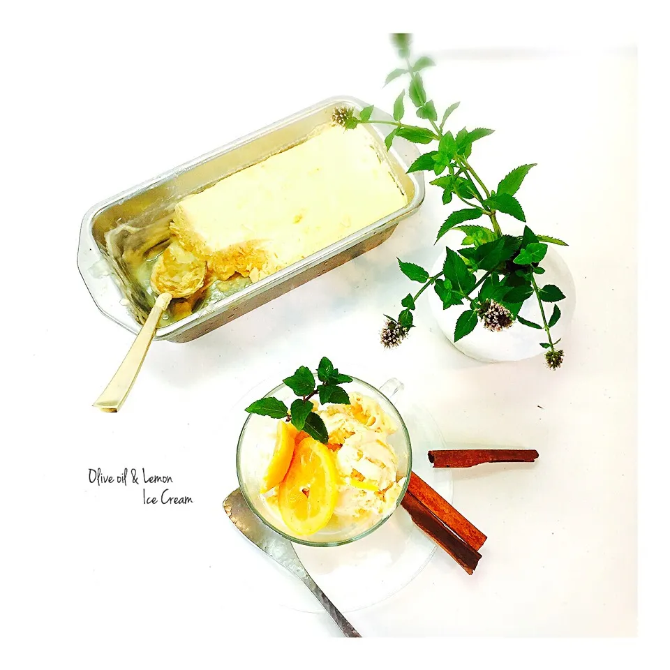 Snapdishの料理写真:rick chan さんのレシピ Olive oil and lemon ice cream / オリーブオイルとレモンのアイスクリーム 🍋🌿|welcomeizumiさん